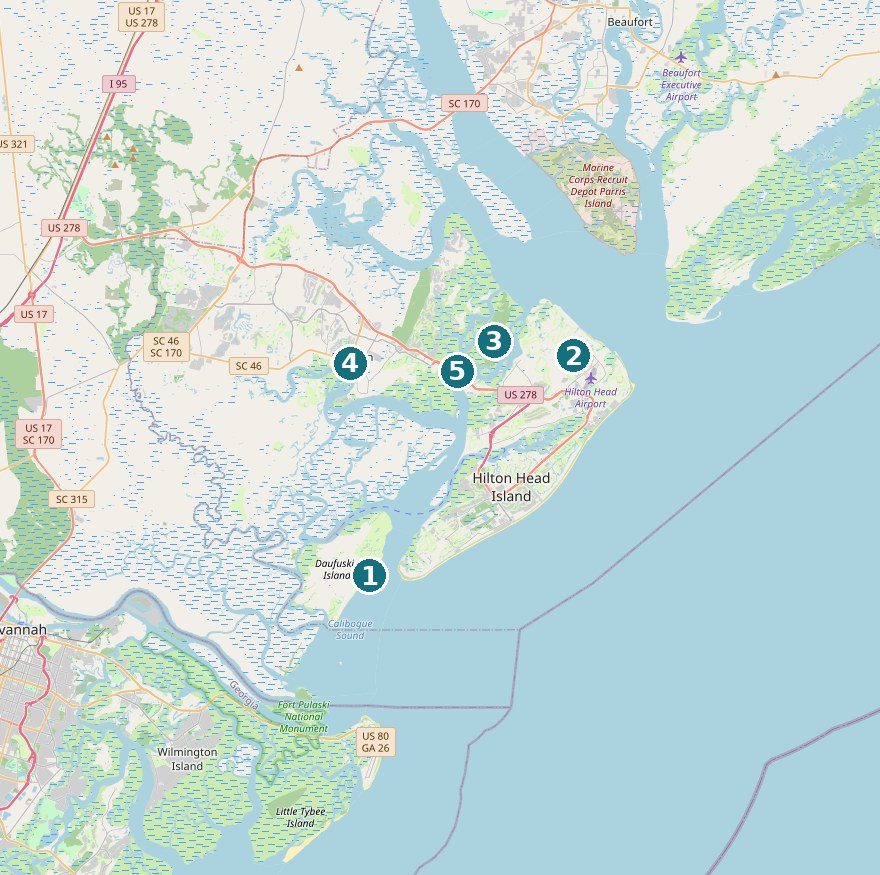 Map of Hilton Head Island, Bluffton, and Daufuskie Island with the photo spots pinned