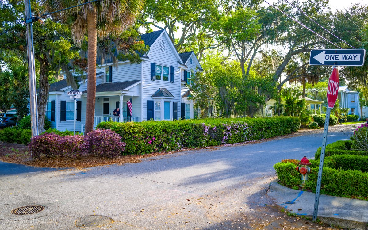 The Point. A quiet corner in Beaufort's historic Point neighborhood — white clapboard, azaleas, and a one-way sign pointing deeper into the old streets.