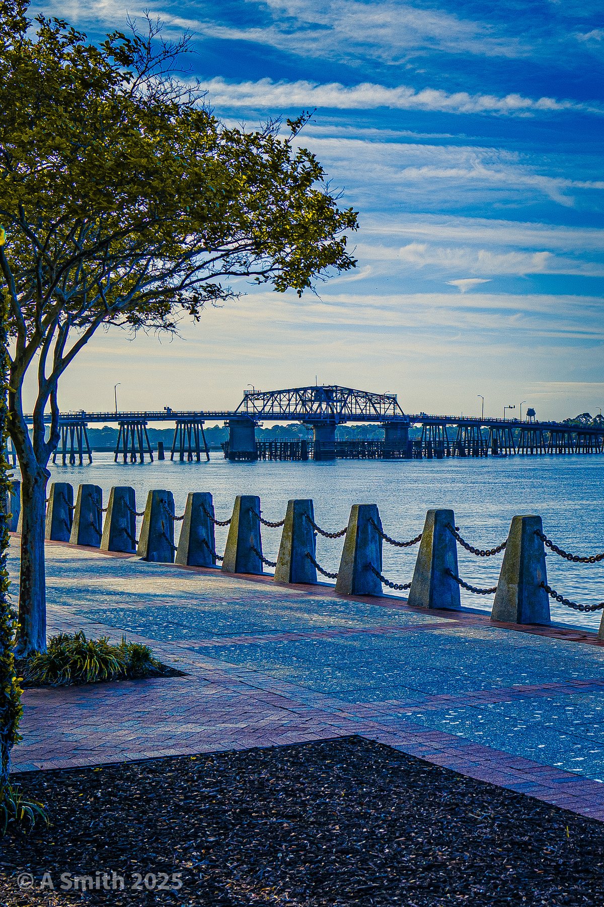 Morning on the riverwalk. Bollards and chain along the water, the bridge showing through the trees.