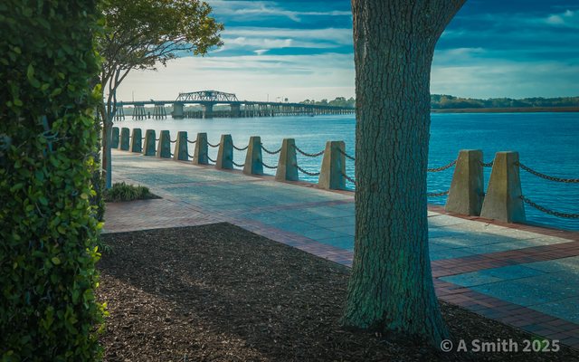The promenade, teal and brick.