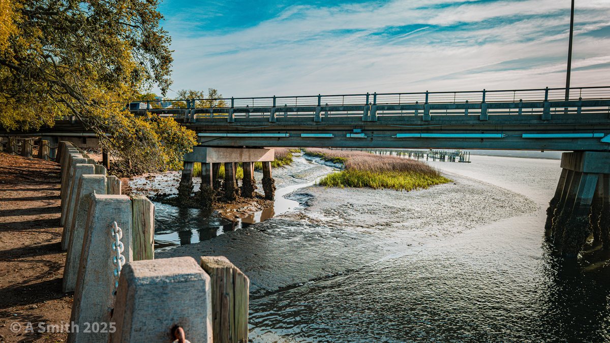 Under the bridge. The river sliding past the pilings where the promenade meets the bridge.