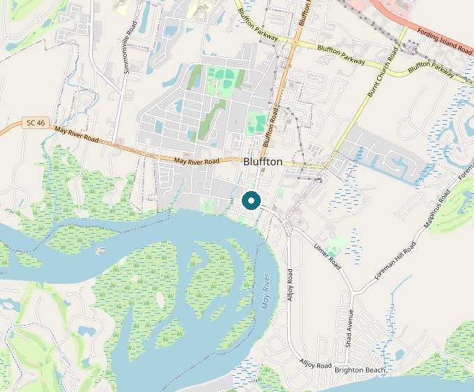 Map of Old Town Bluffton with the Heyward House pinned just north of the May River