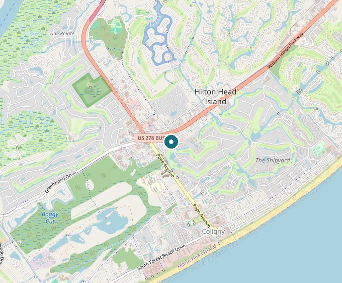 Map of Hilton Head Island's south end with Callahan's Sports Bar pinned on Pope Avenue near Coligny