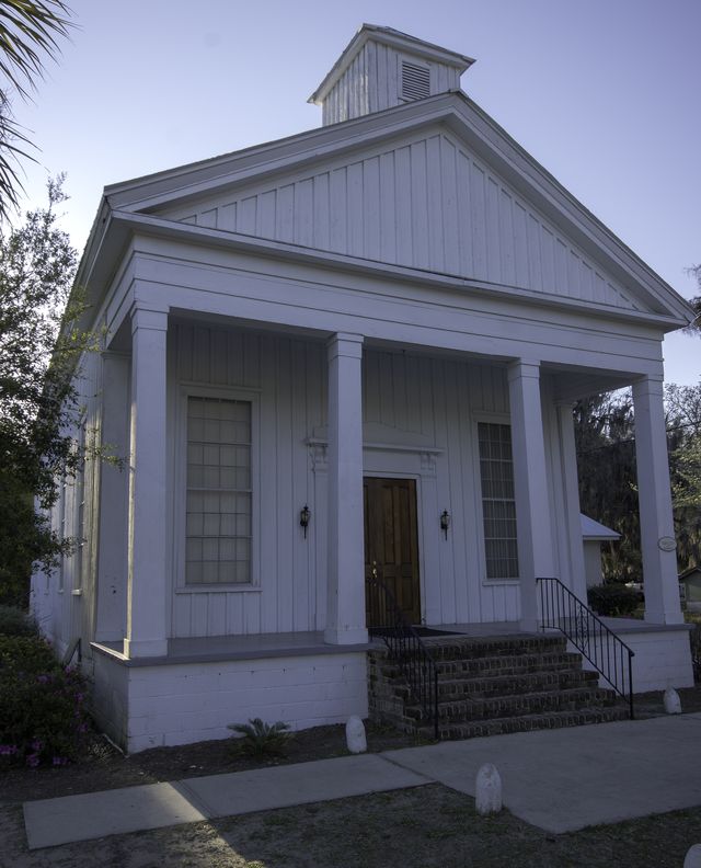 Campbell Chapel AME Church in Bluffton, a white board-and-batten chapel with a columned porch and brick steps