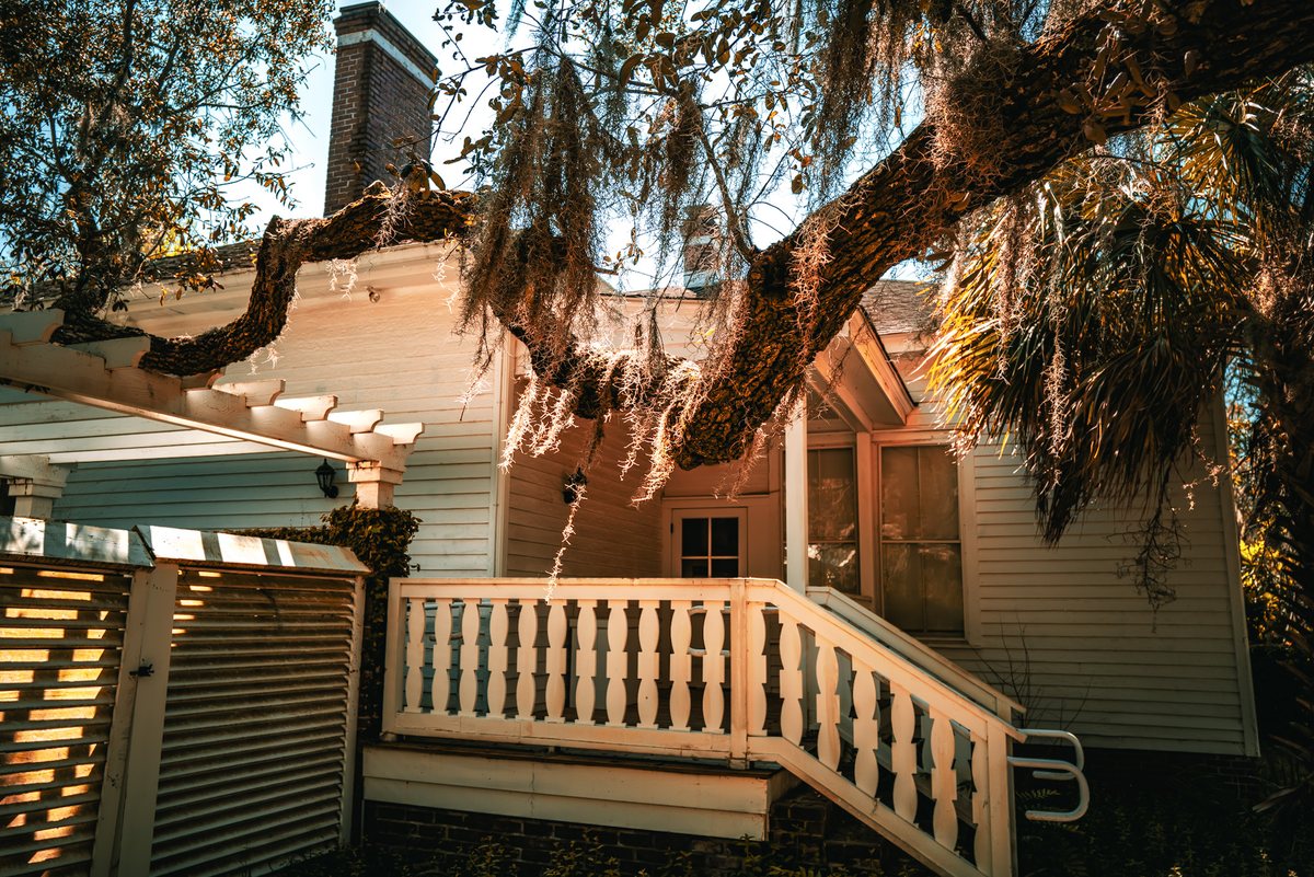 The house porch. Palmetto and porch rails at Discovery House.