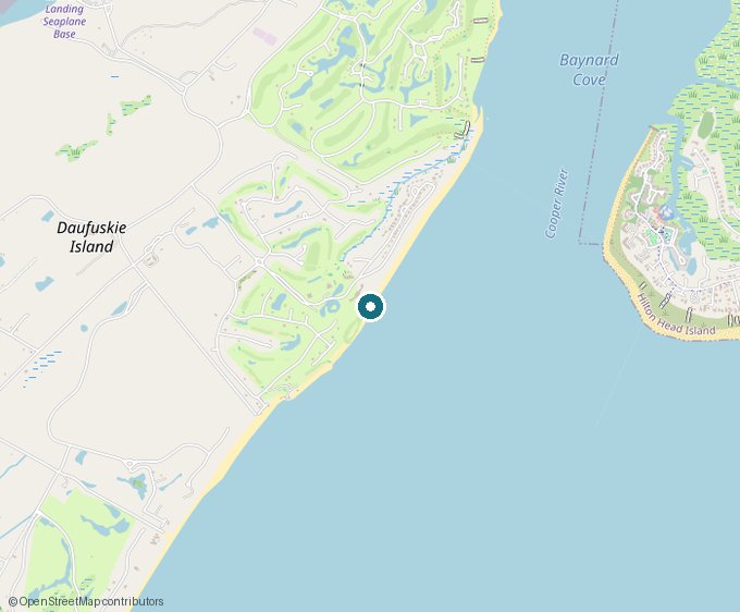 Map of Daufuskie Island with the Melrose golf course pinned on its east shore