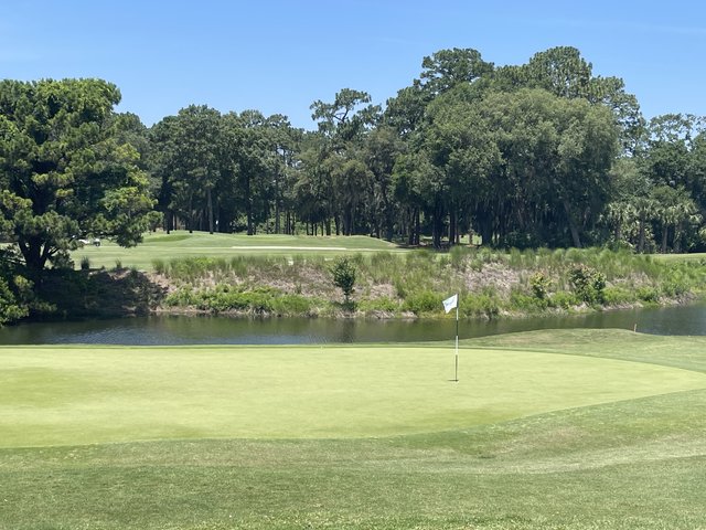 A green at Hilton Head National Golf Club in Bluffton — flagstick, pond, and pines