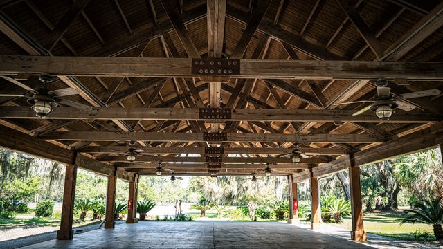 Under the pavilion.