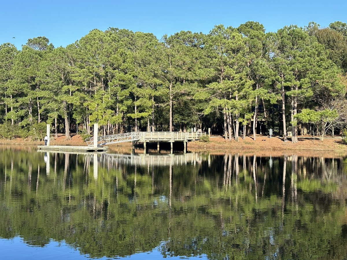 The pier from across the lake. The fishing pier mirrored in still water on a January morning.