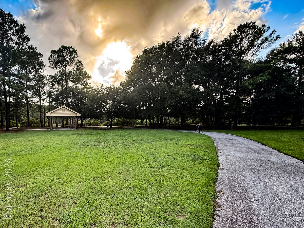 Sunset lawn. The big lawn and the shelter under a breaking evening sky.