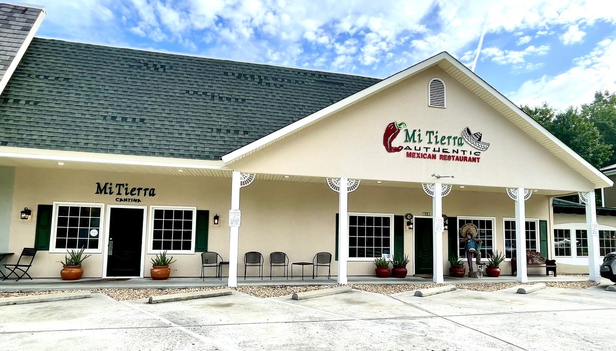 Mi Tierra Mexican restaurant with columned porch, chili-pepper and sombrero sign, Bluffton SC
