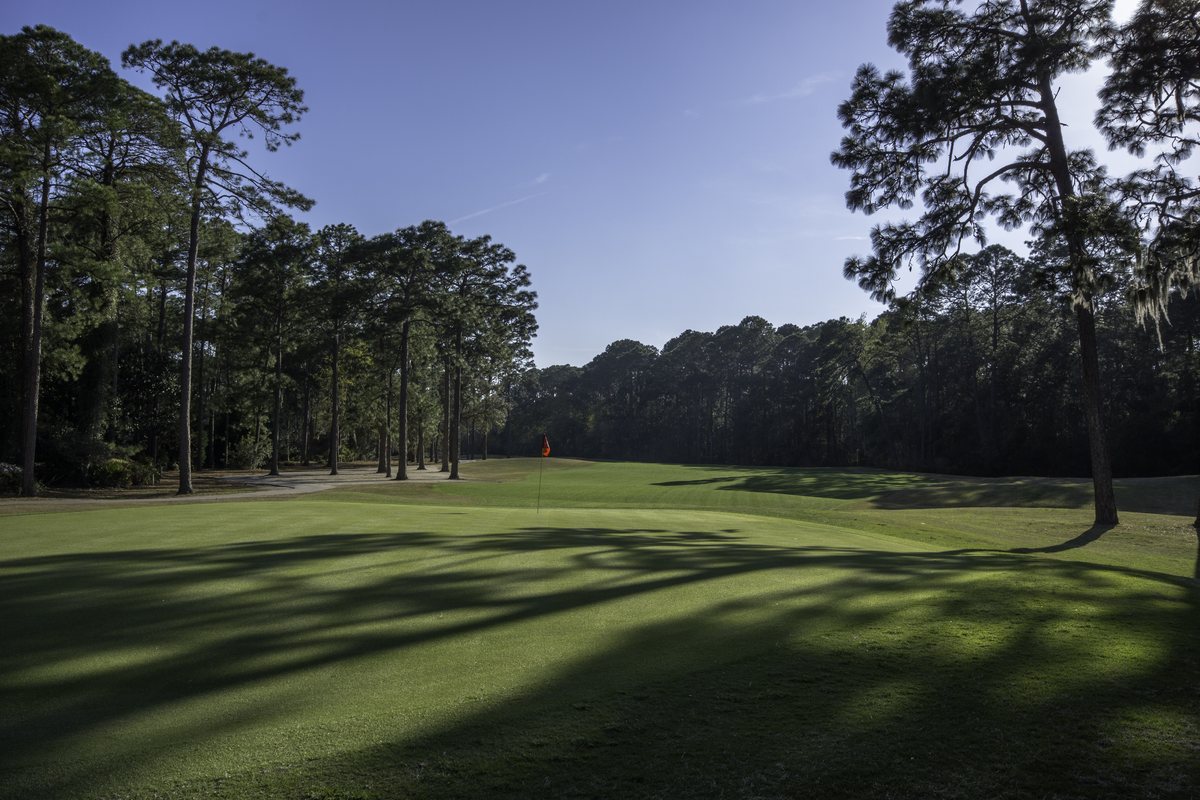 North Course, Hole 2. Morning shadows stripe the 2nd green.