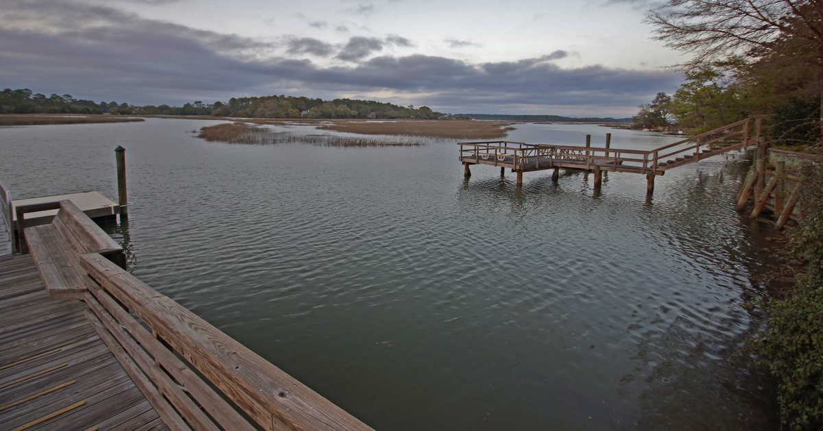 The crabbing dock. The crabbing dock reaches over the creek — bring a net and patience.