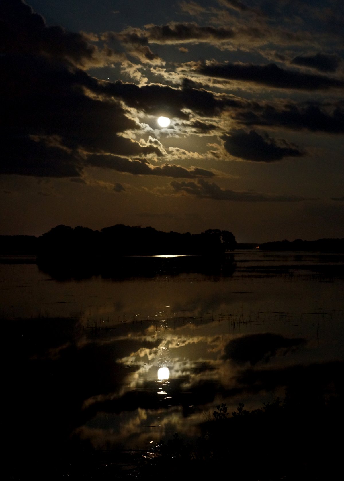 Moon over water. The moon breaks through cloud over the creek.