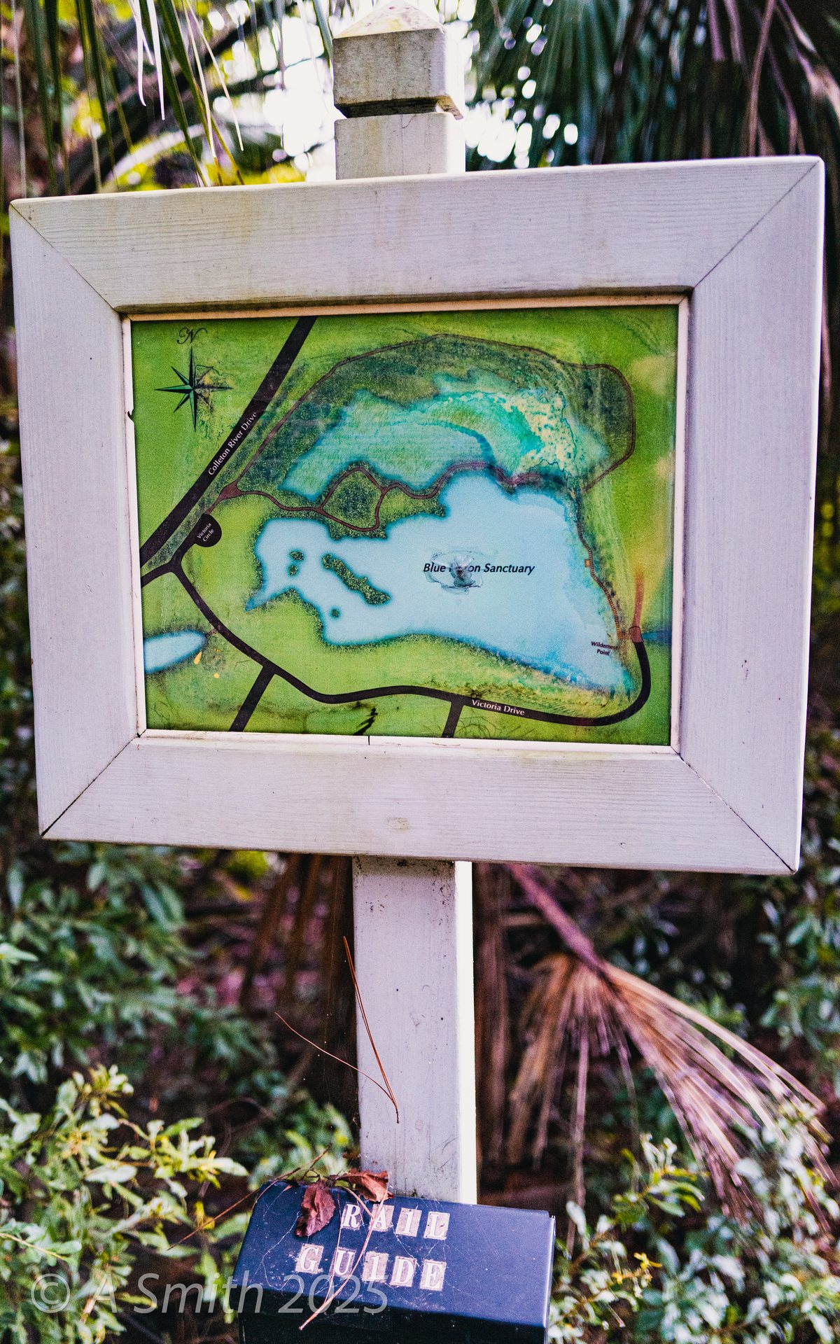 The preserve map. The trailhead map of the nature preserve — lake, island, and all.