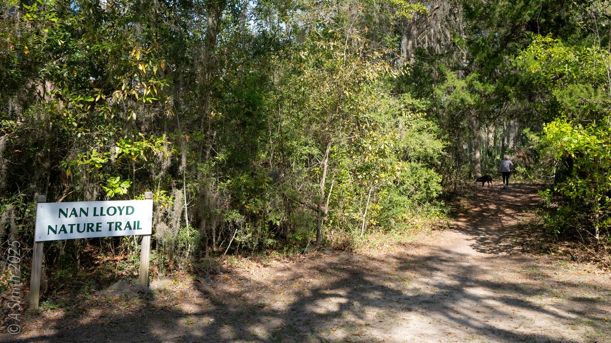 Trailhead. The Nan Lloyd Nature Trail sign where the path begins.