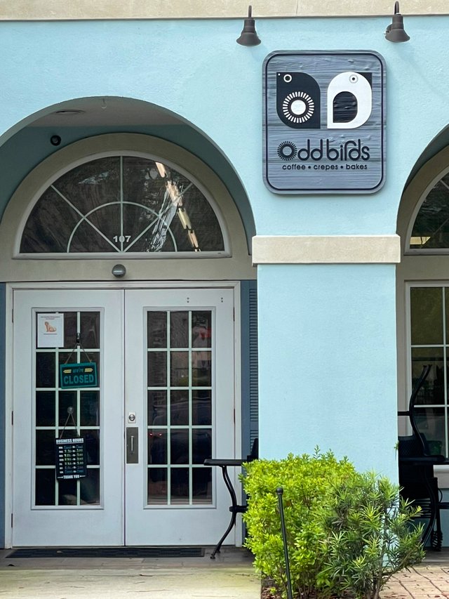 Odd Birds in Bluffton — the two-bird sign over white French doors in a pale-blue arched storefront