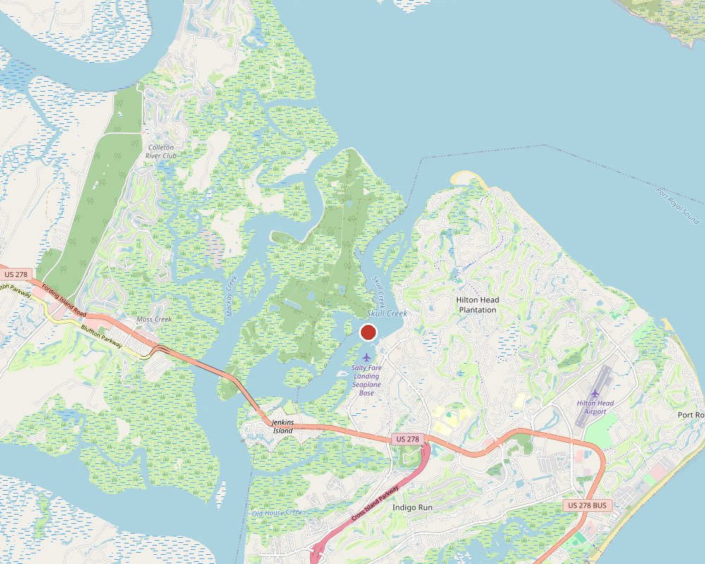 Map of Pinckney Island between Bluffton and Hilton Head Island, with the south shore on Skull Creek pinned
