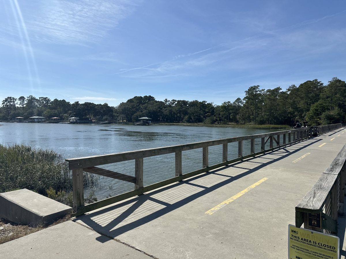 The long boardwalk. The trail's elevated run over the water, railings both sides.