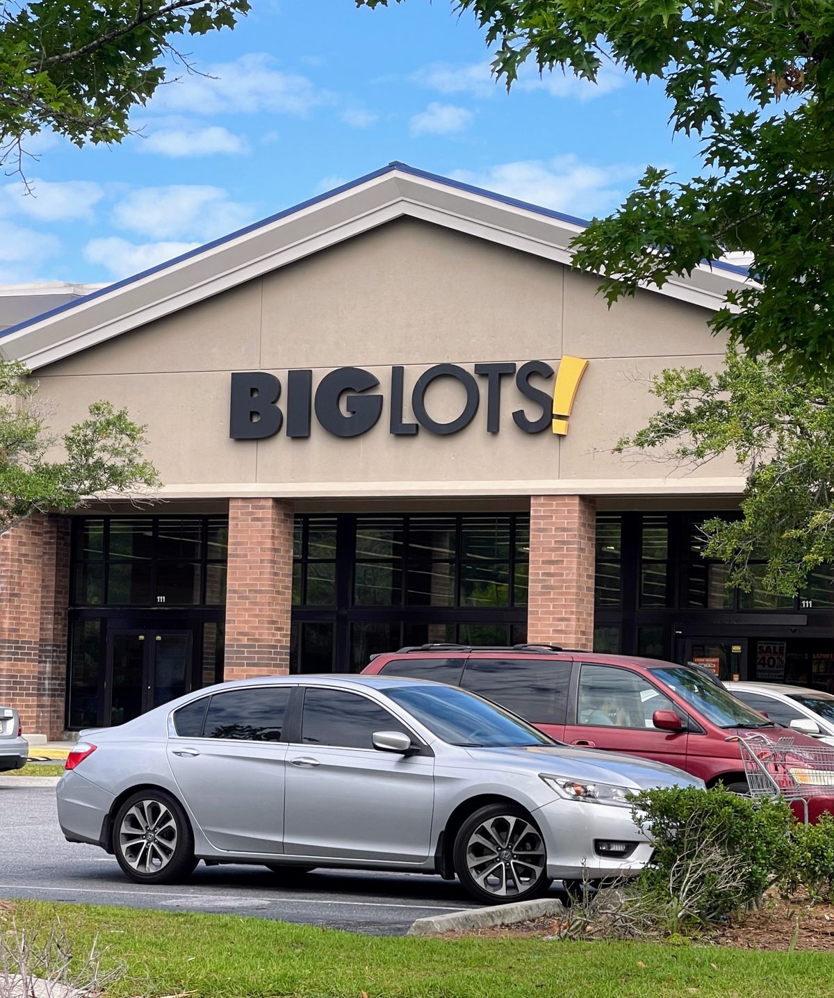 Big Lots near Tanger Outlets 1 — gabled storefront with a yellow exclamation point in the sign